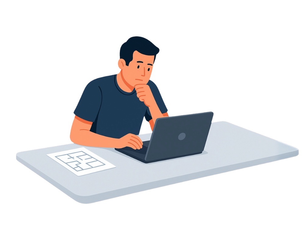 Illustration d’un artisan travaillant sur un ordinateur pour chiffrer un devis BTP