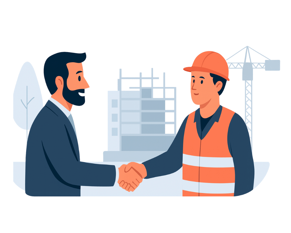 Illustration d’un industriel serrant la main d’un artisan devant un chantier