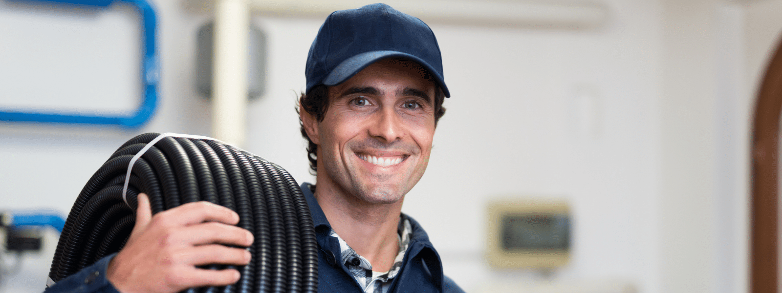 Homme dans le bâtiment portant un tuyau électrique et souriant