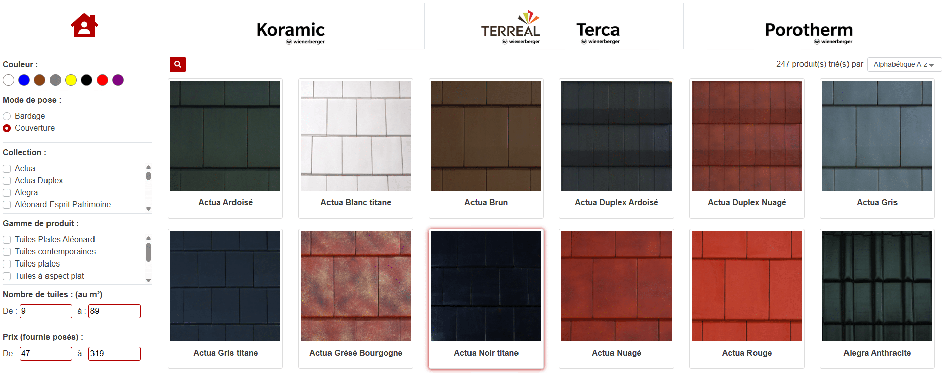 Interface d'un module web sur le site Wienerberger