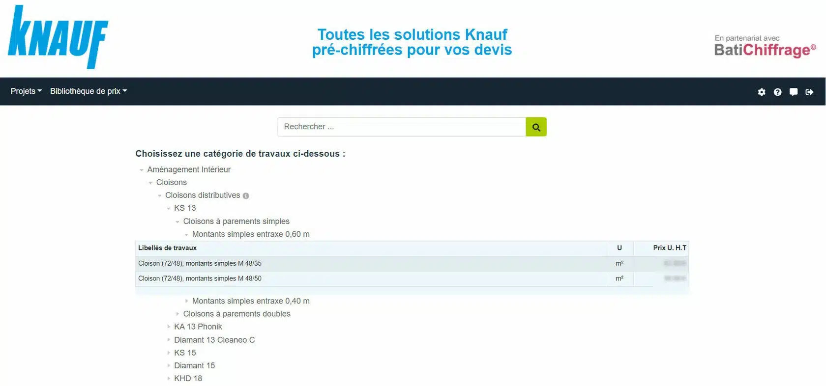 Interface d'un module web sur le site Knauf
