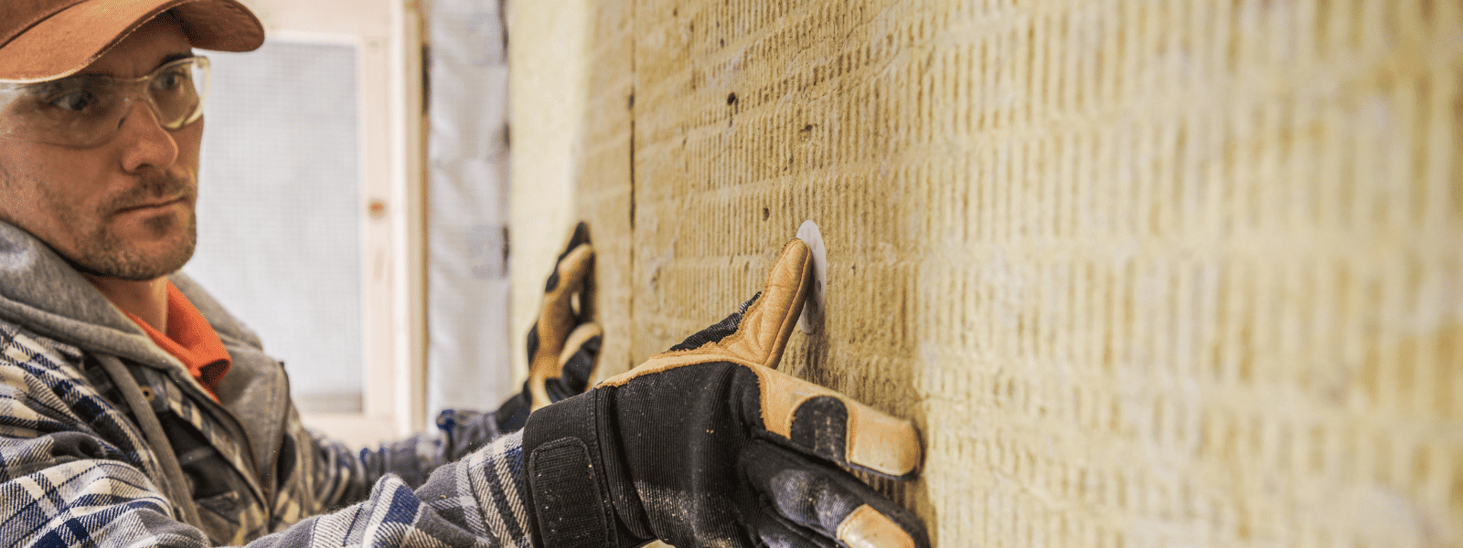Main d’un artisan installant un panneau isolant sur un mur